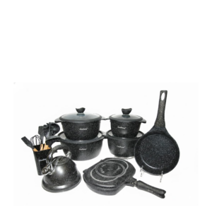 Black 8 Pieces Cookware Set Caserole:- 24cm/28cm Fry pan:- 28cm Tawa- 24cm Kettle:- 3L
