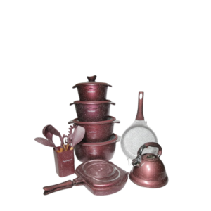 Purple 8 Pieces Cookware Set Caserole:- 24cm/28cm Fry pan:- 28cm Tawa- 24cm Kettle:- 3L