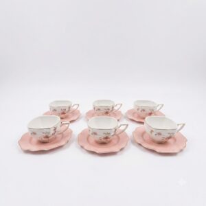 White with Pink Roses 6 tea cup set with saucer D 3 inches H 2 inches Saucer D 5 inches
